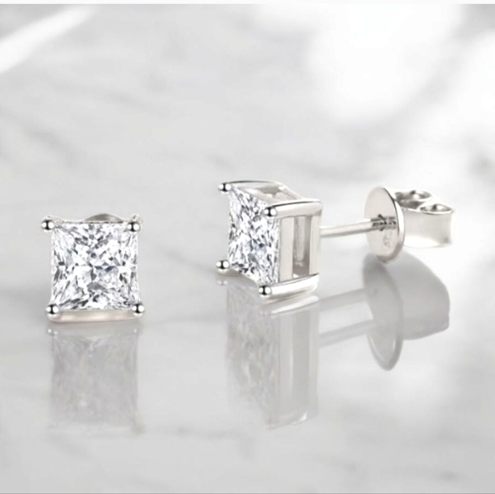 1.6 CT Princess Cut Stud Earrings Birthday Gift For Her - Picture 2 of 5